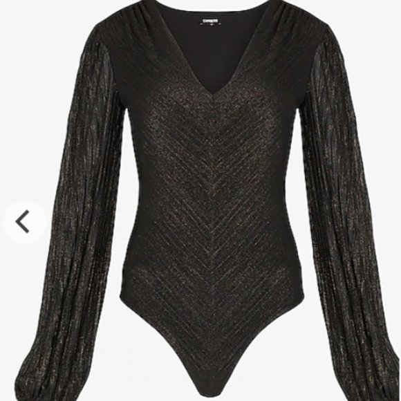 EXPRESS Metallic Pleated Puff Sleeve Bodysuit - Picture 2 of 3